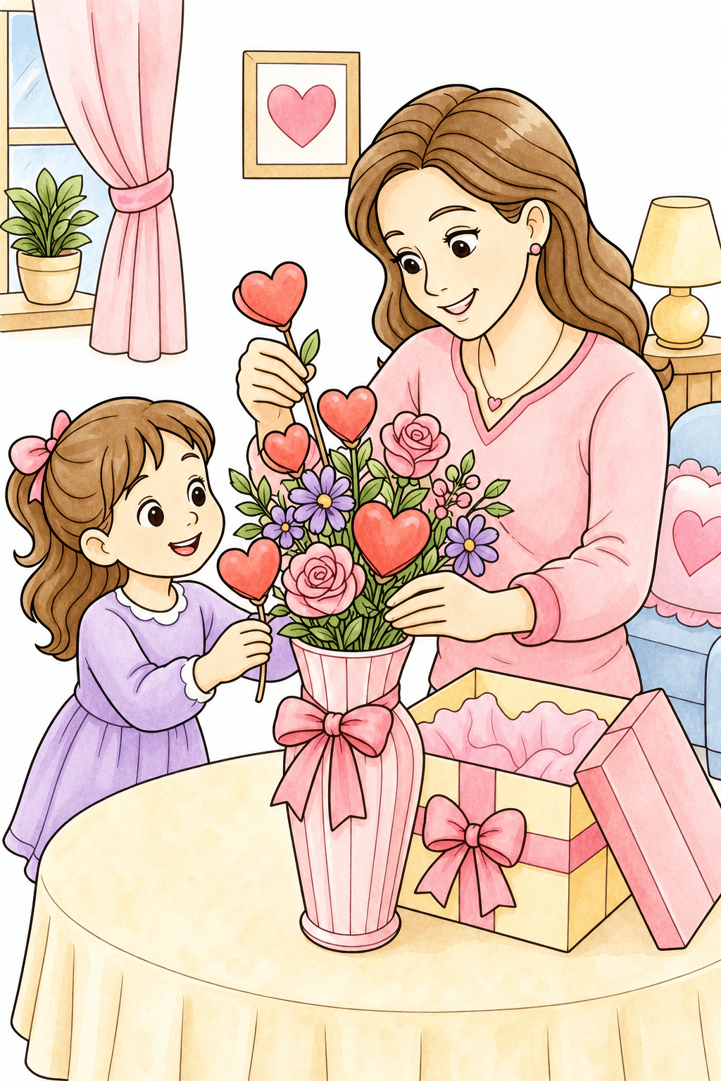 Mother and Daughter Arranging a Flower Bouquet watercolor colorized preview
