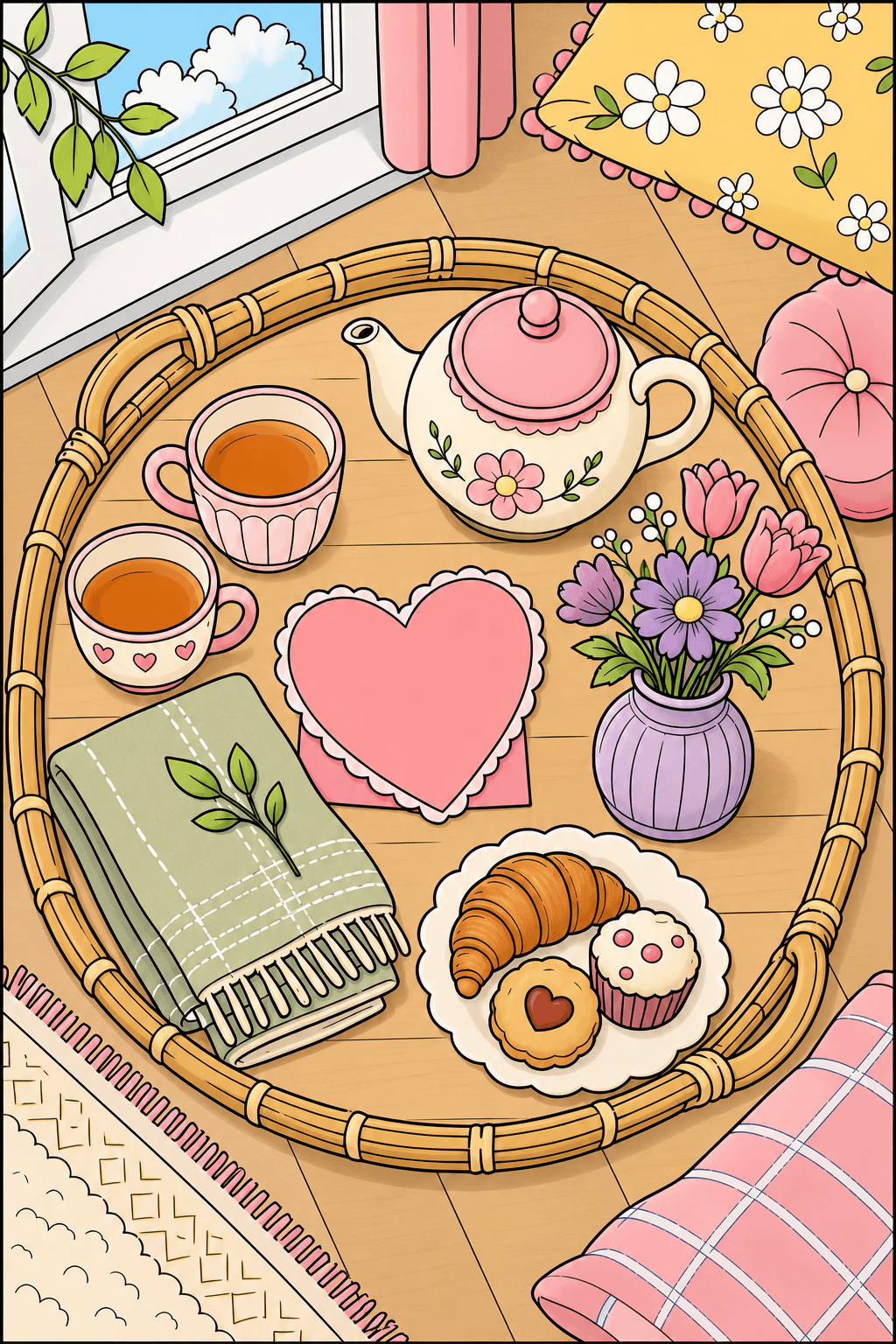 Cozy Tea Tray with Flowers and Treats clean-digital colorized preview