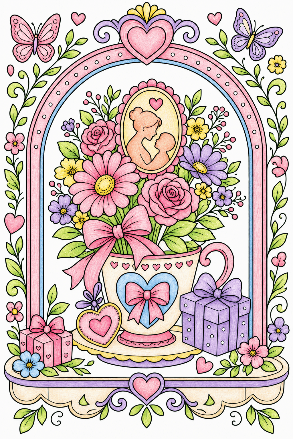 Teacup Bouquet in a Decorative Mother's Day Border colored-pencil colorized preview