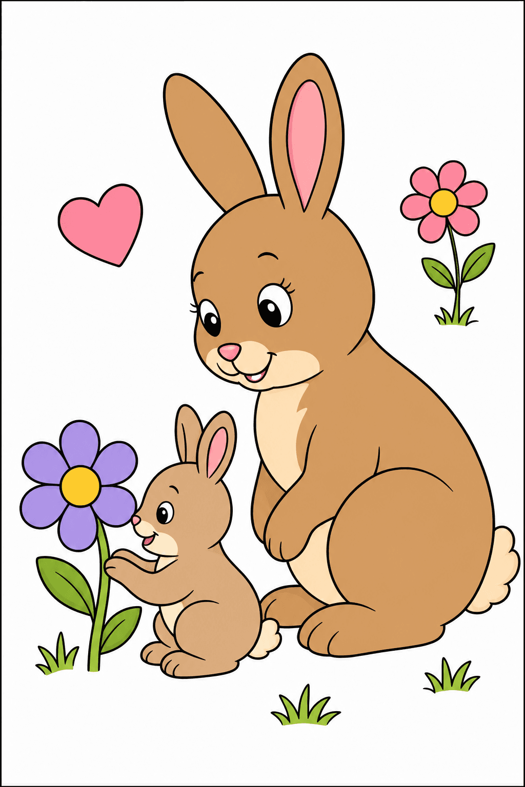 Mother Rabbit and Baby Bunny with Flowers clean-digital colorized preview