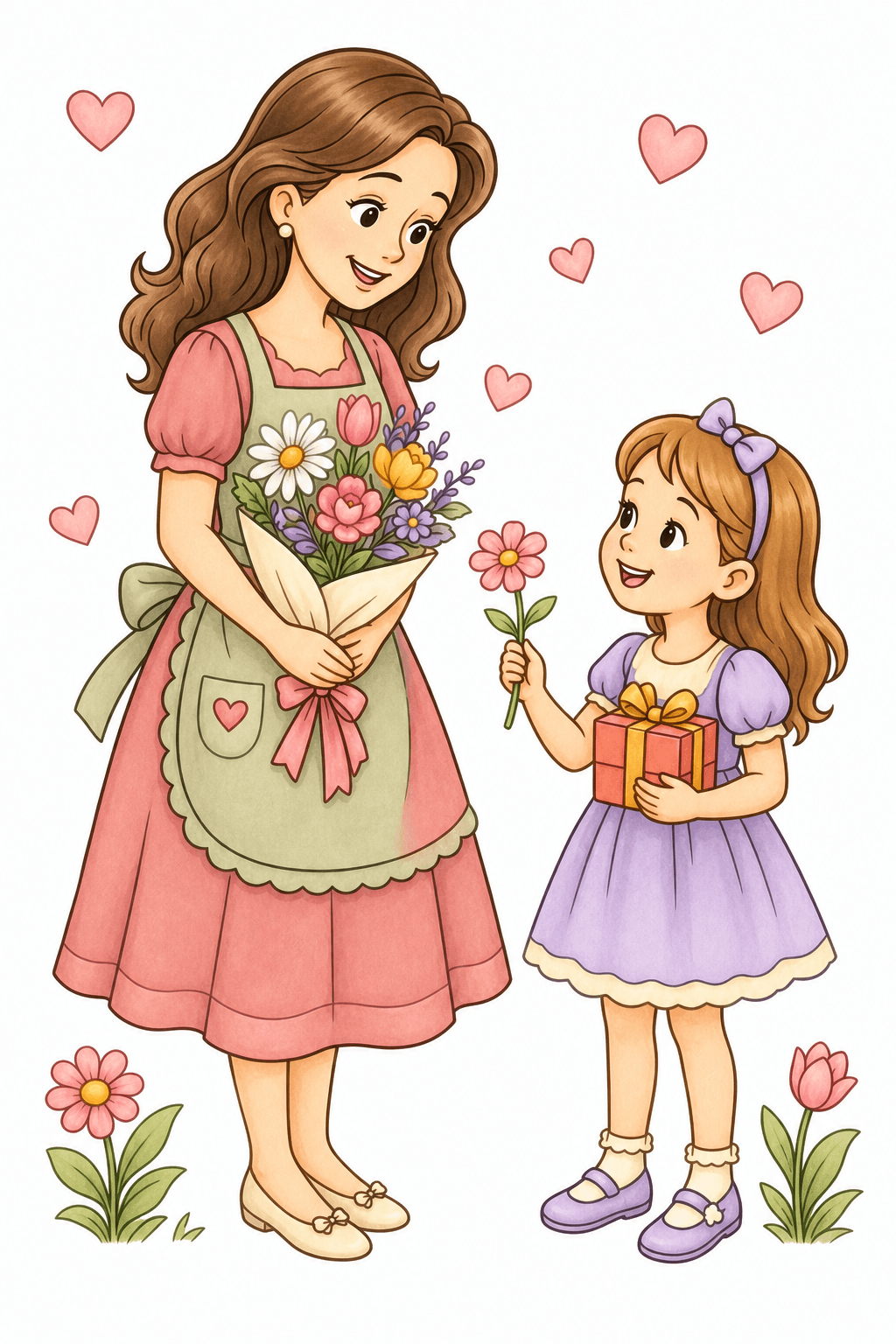 Mother and Daughter Sharing Flowers and a Gift on Mother's Day storybook colorized preview