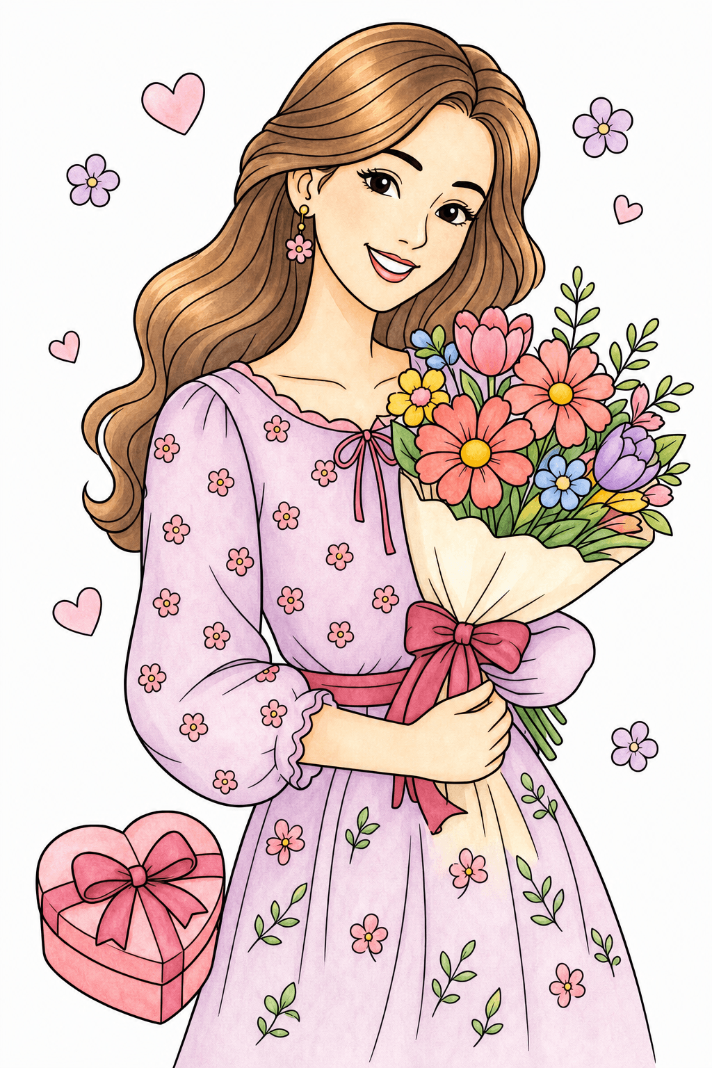Woman Holding a Mother's Day Flower Bouquet watercolor colorized preview