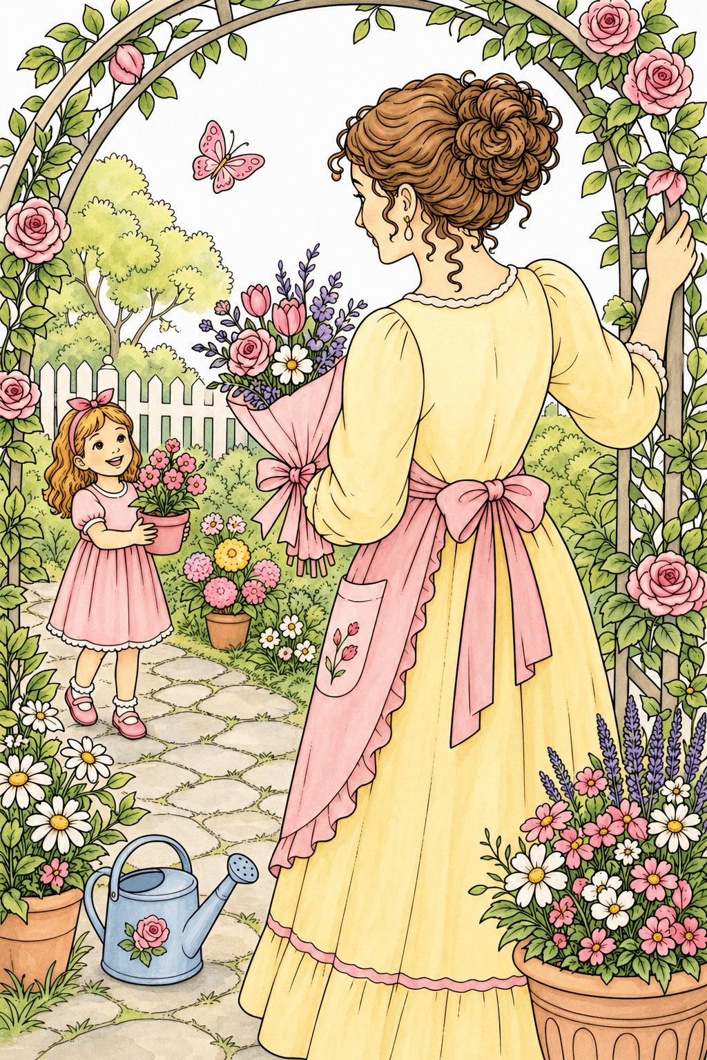 Mother and Girl Beneath a Rose Arch storybook colorized preview