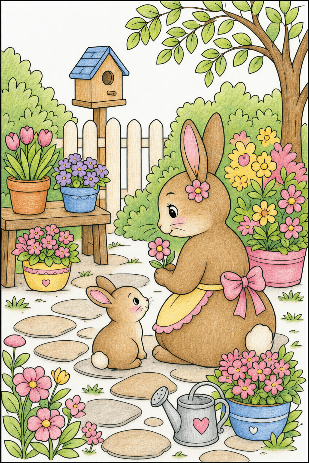 Mother Rabbit Sharing a Flower in the Garden colored-pencil colorized preview