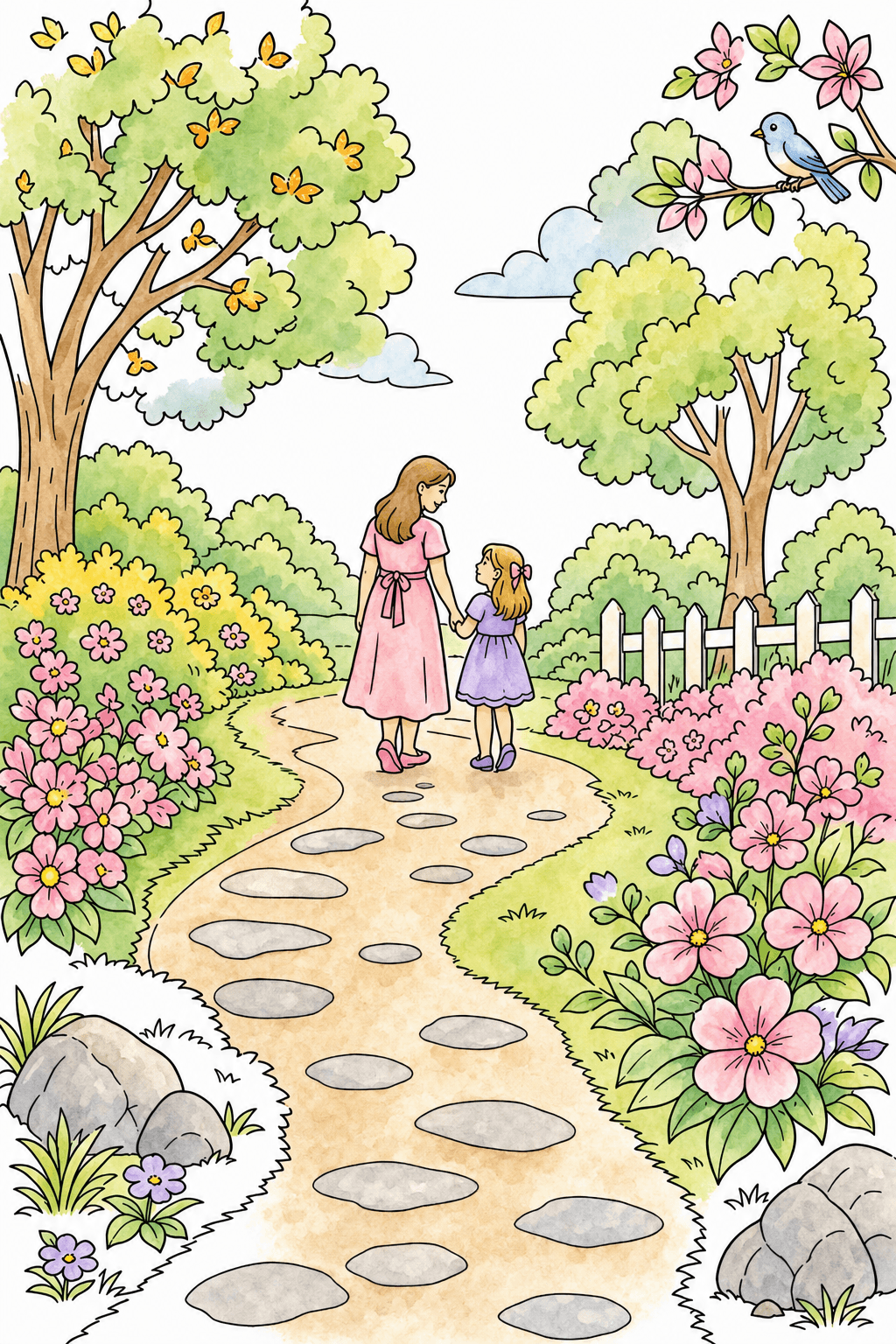 Mother and Daughter Walking Through a Garden watercolor colorized preview