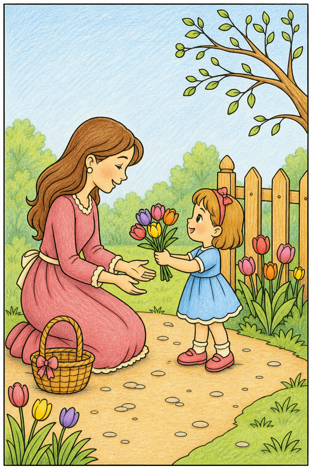 Girl Giving Her Mother a Bouquet colored-pencil colorized preview