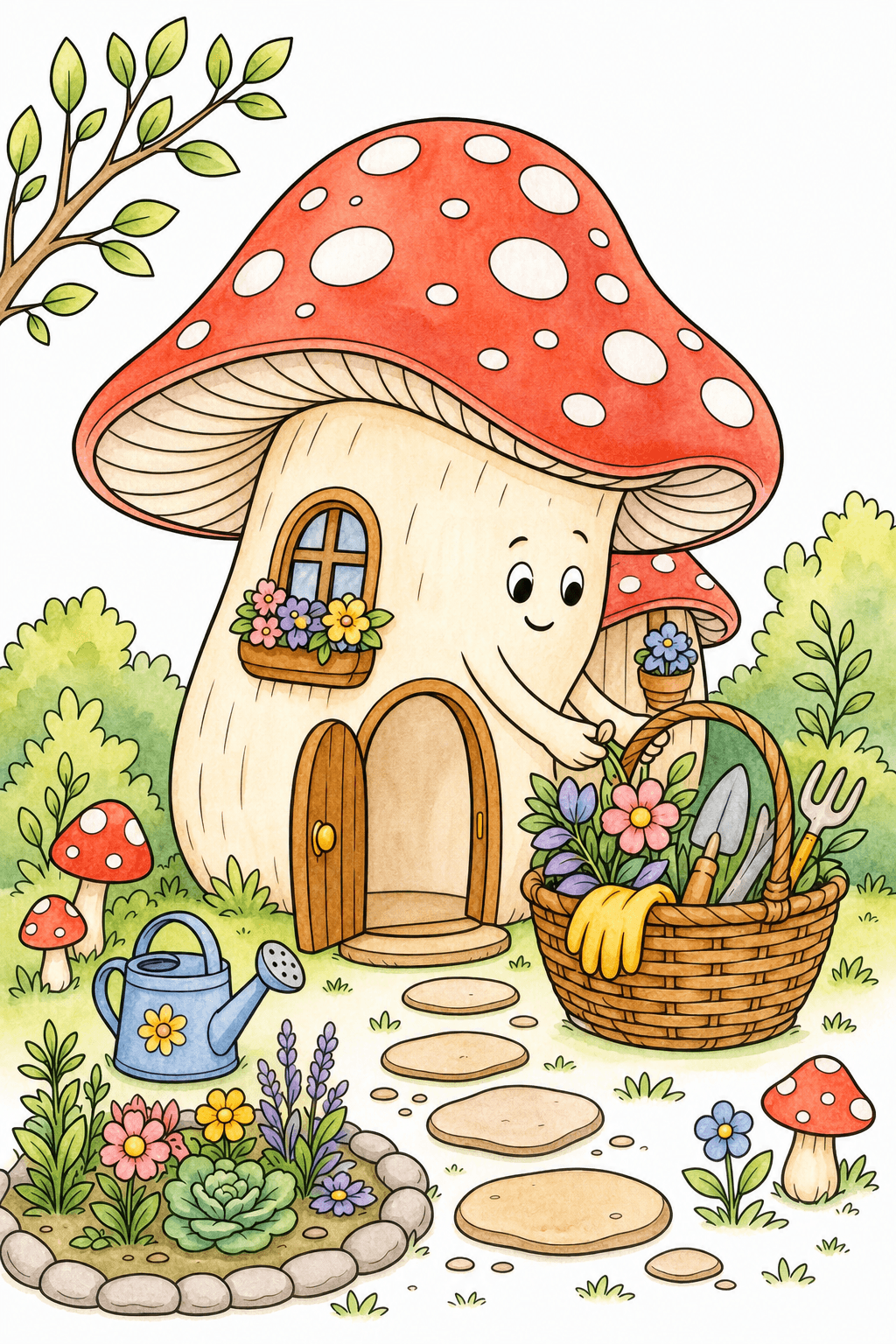 Mushroom Cottage with a Garden Basket watercolor colorized preview