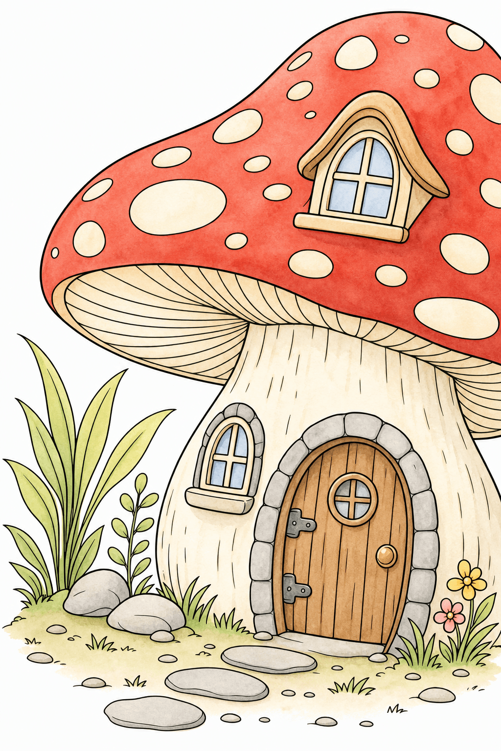 Close-Up View of a Mushroom House watercolor colorized preview