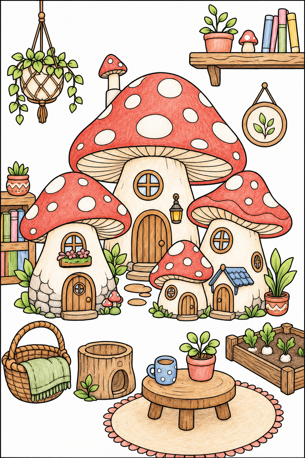 Cozy Mushroom House Village colored-pencil colorized preview