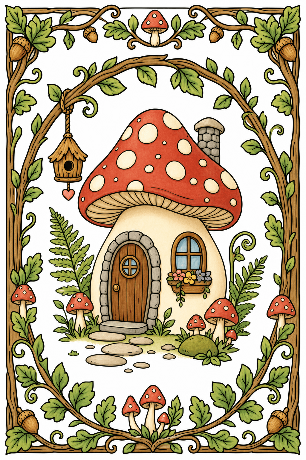 Mushroom Cottage Framed by Woodland Vines storybook colorized preview
