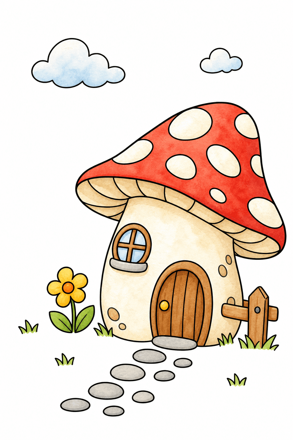 Easy Mushroom Cottage for Kids watercolor colorized preview