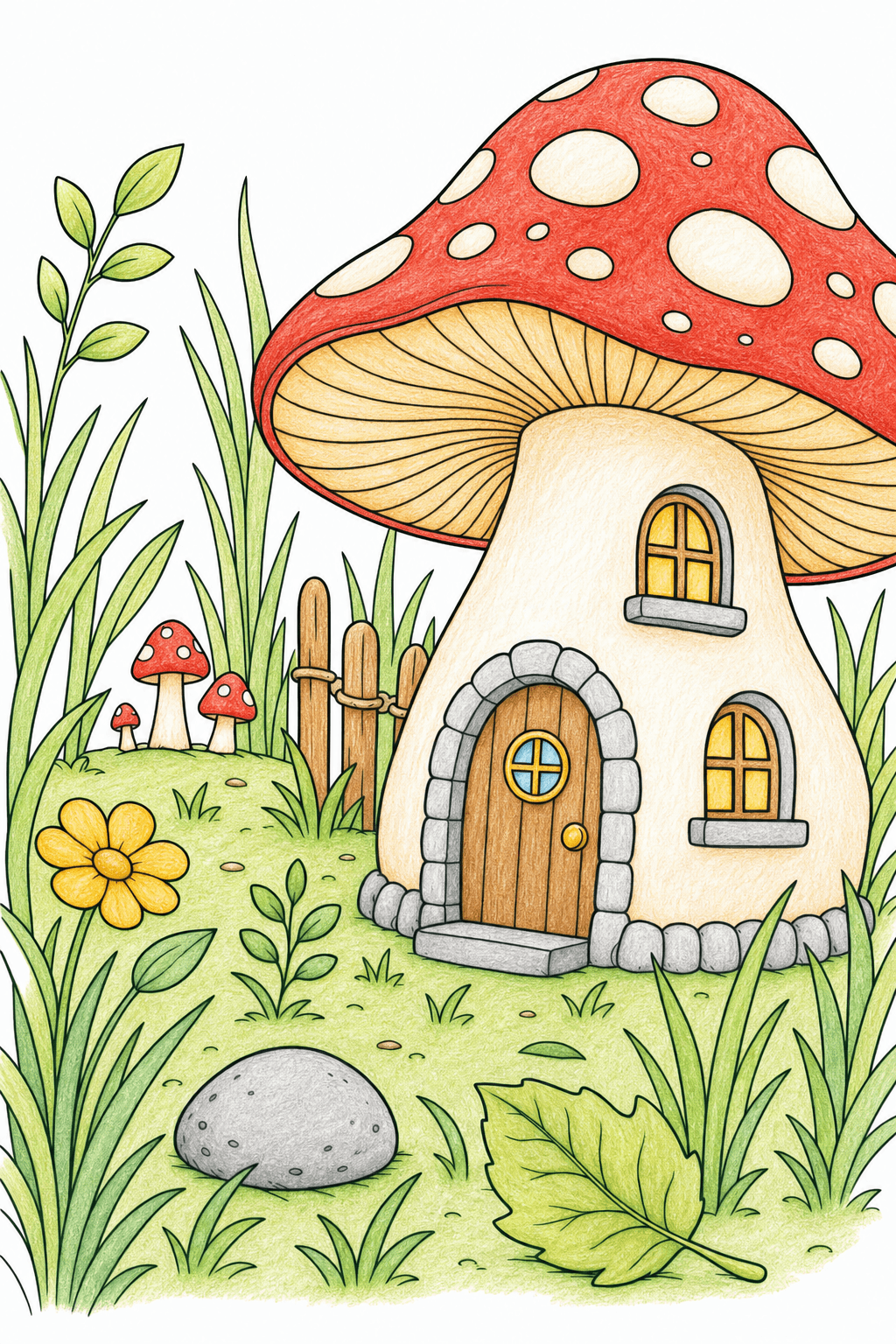 Mushroom House in a Grassy Garden colored-pencil colorized preview