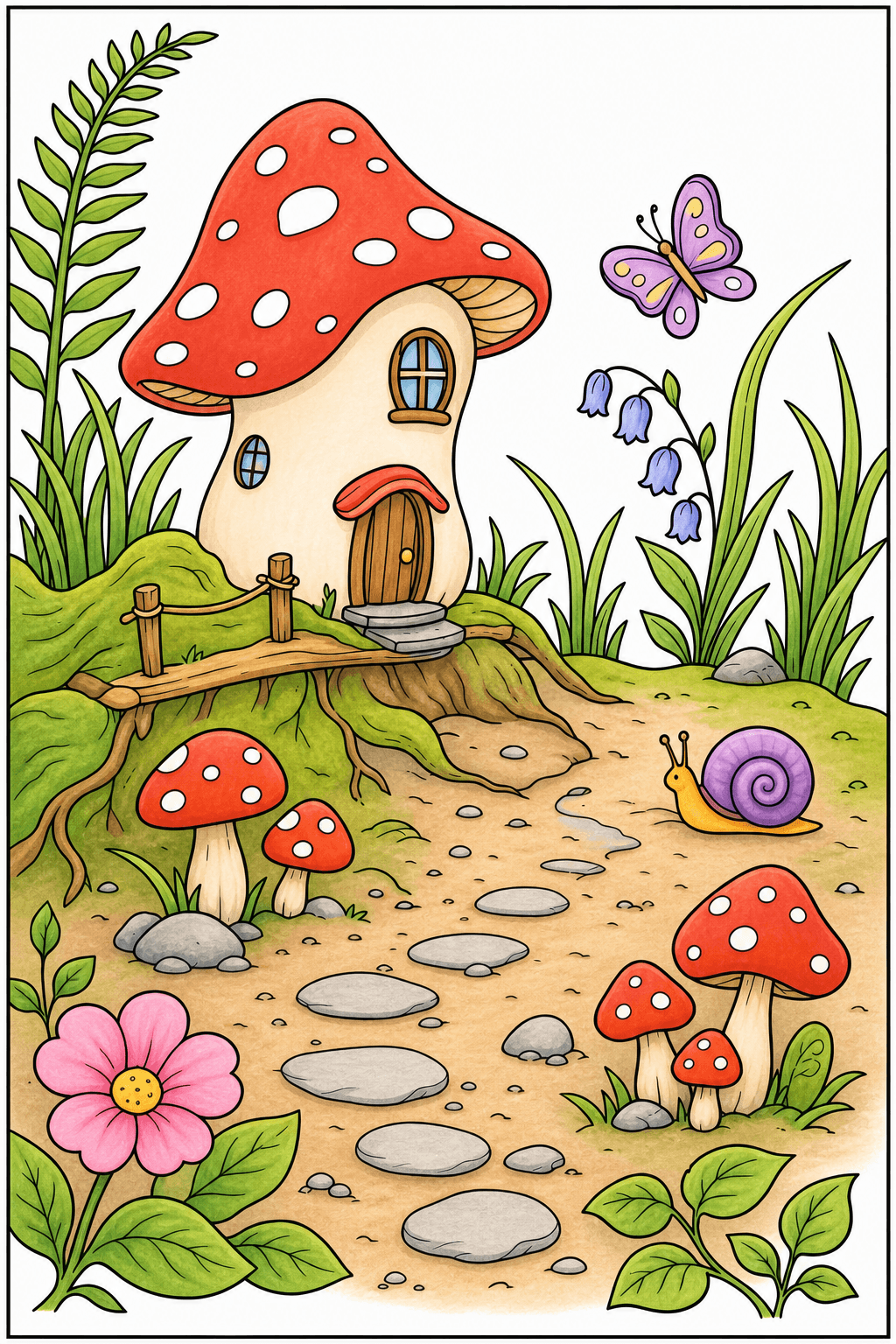 Mushroom House by a Woodland Path storybook colorized preview