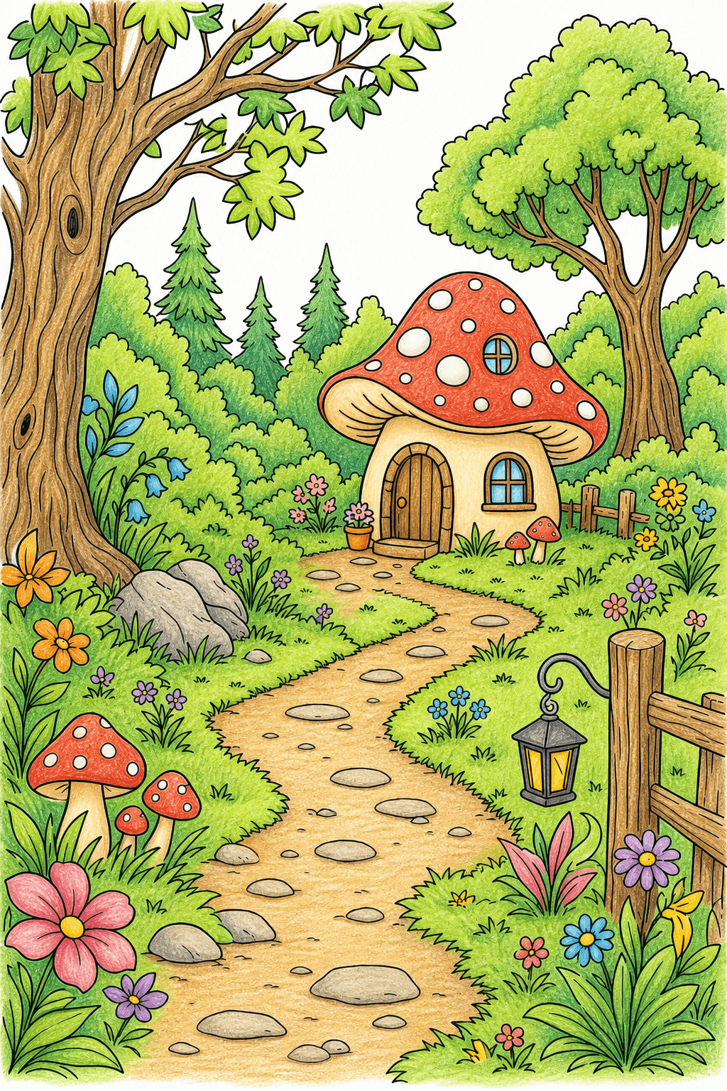 Mushroom House Along a Woodland Path colored-pencil colorized preview