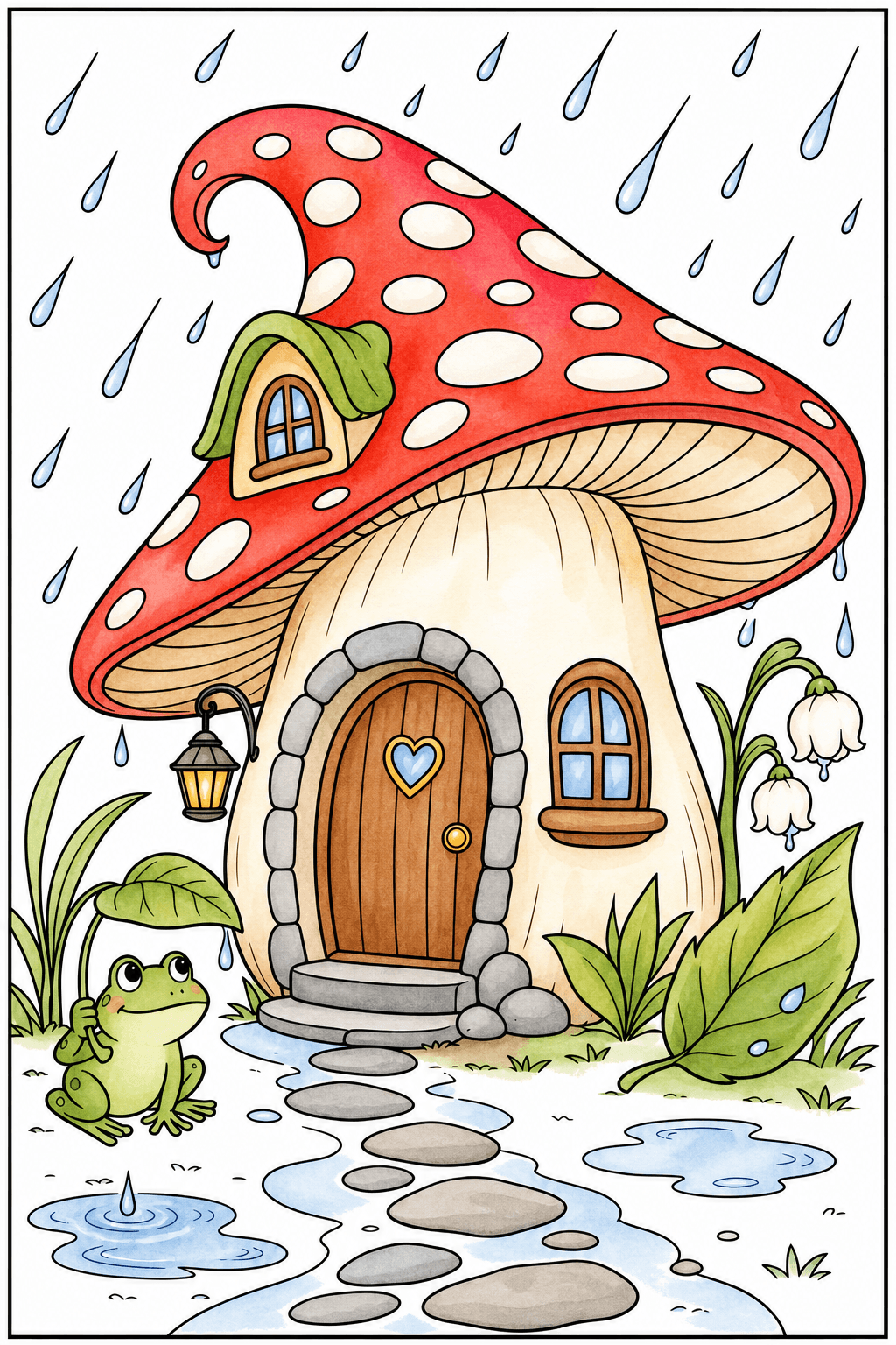 Frog at a Rainy Mushroom House watercolor colorized preview