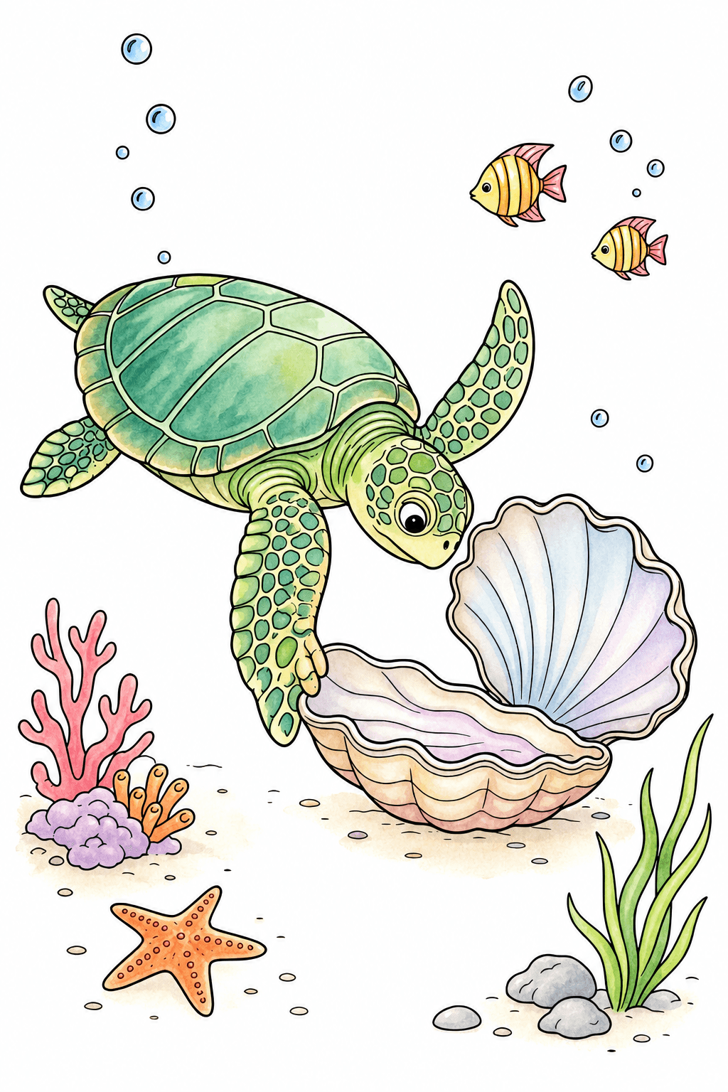 Sea Turtle Investigating an Open Clam Shell watercolor colorized preview