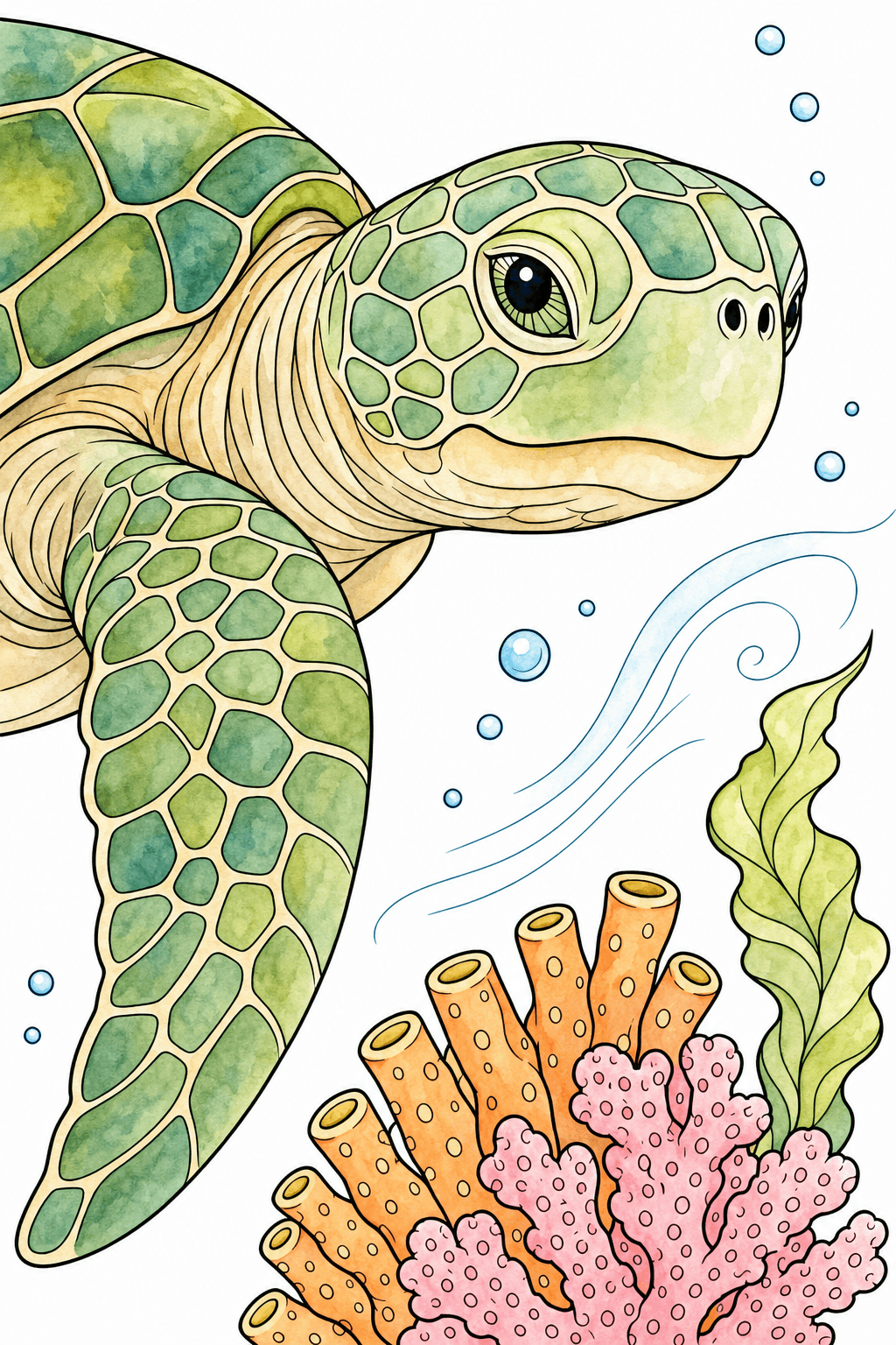 Close-Up Sea Turtle Beside Coral watercolor colorized preview