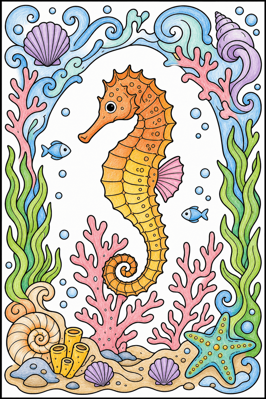 Seahorse Framed by Coral and Shells colored-pencil colorized preview