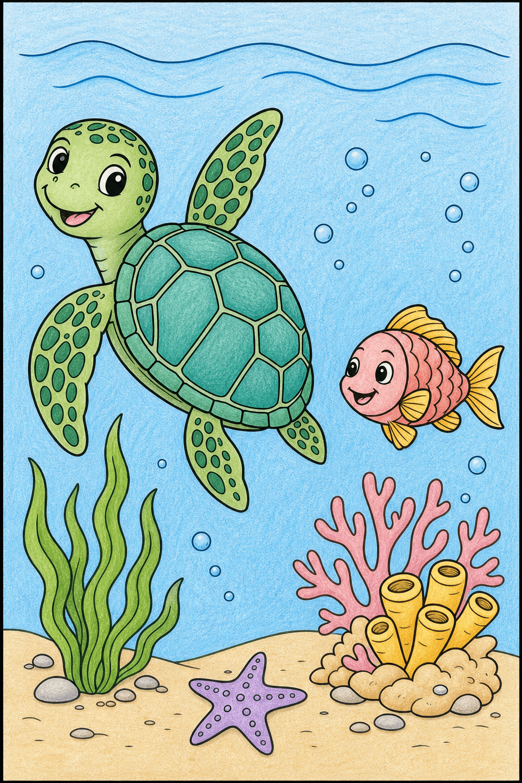 Sea Turtle and Fish Above a Starfish colored-pencil colorized preview