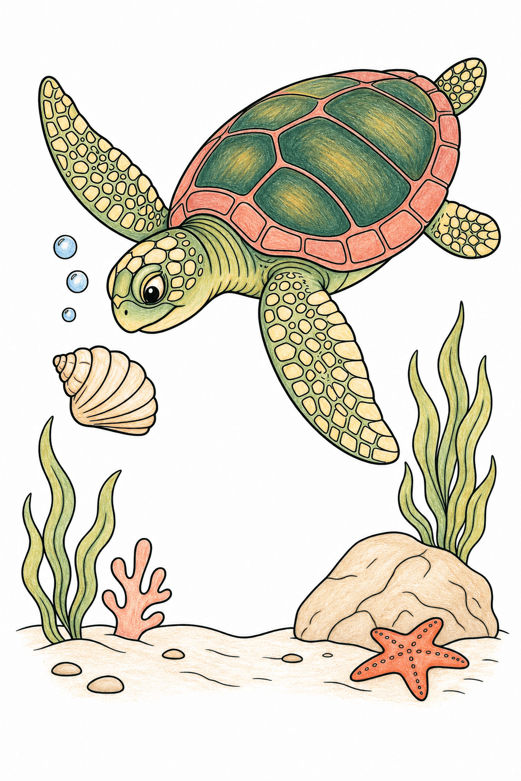 Sea Turtle Above a Starfish and Shell colored-pencil colorized preview