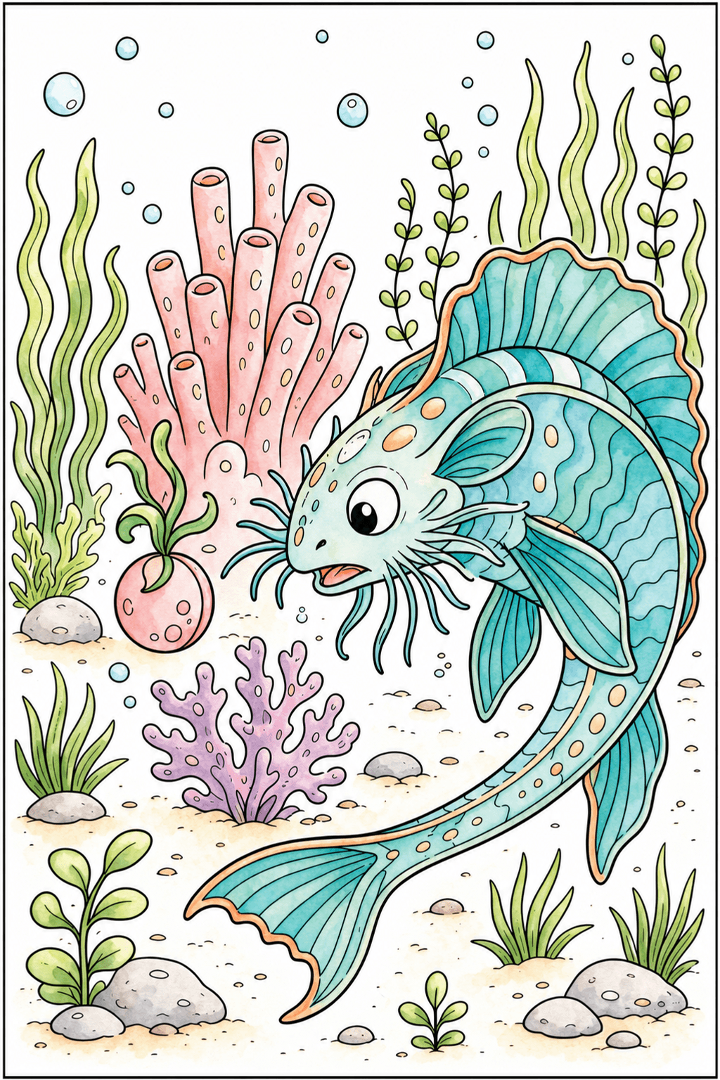 Patterned Fish in an Underwater Garden watercolor colorized preview