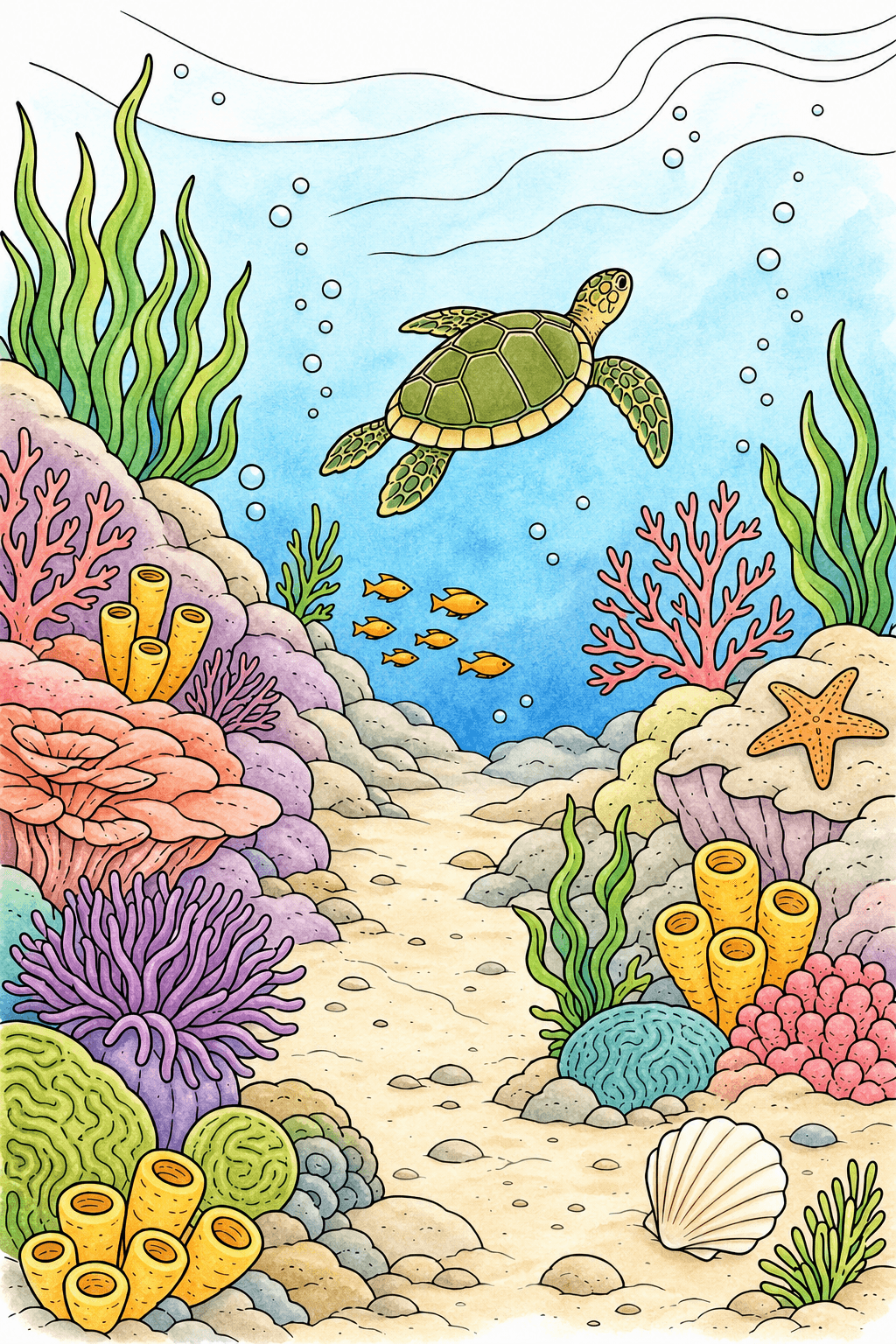 Sea Turtle Gliding Over a Coral Reef watercolor colorized preview