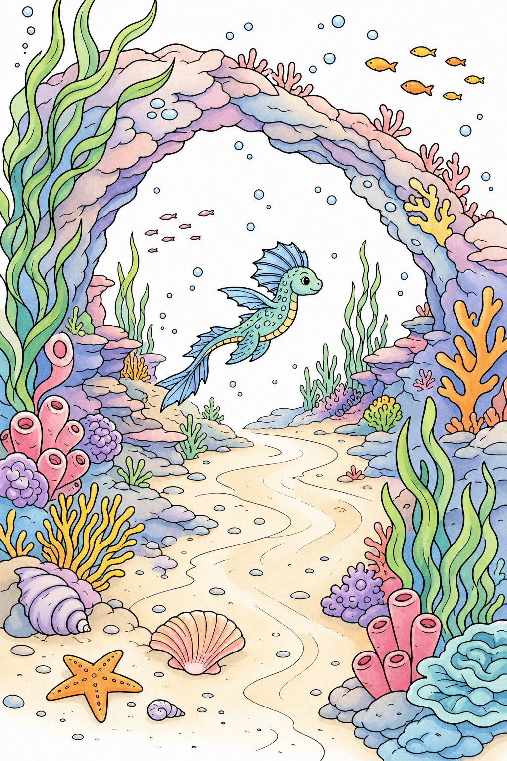 Seahorse Beneath a Coral Arch watercolor colorized preview