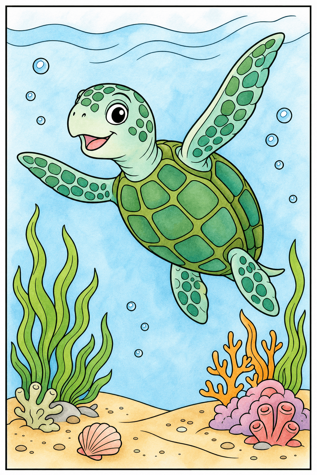 Smiling Sea Turtle Gliding Over a Reef watercolor colorized preview