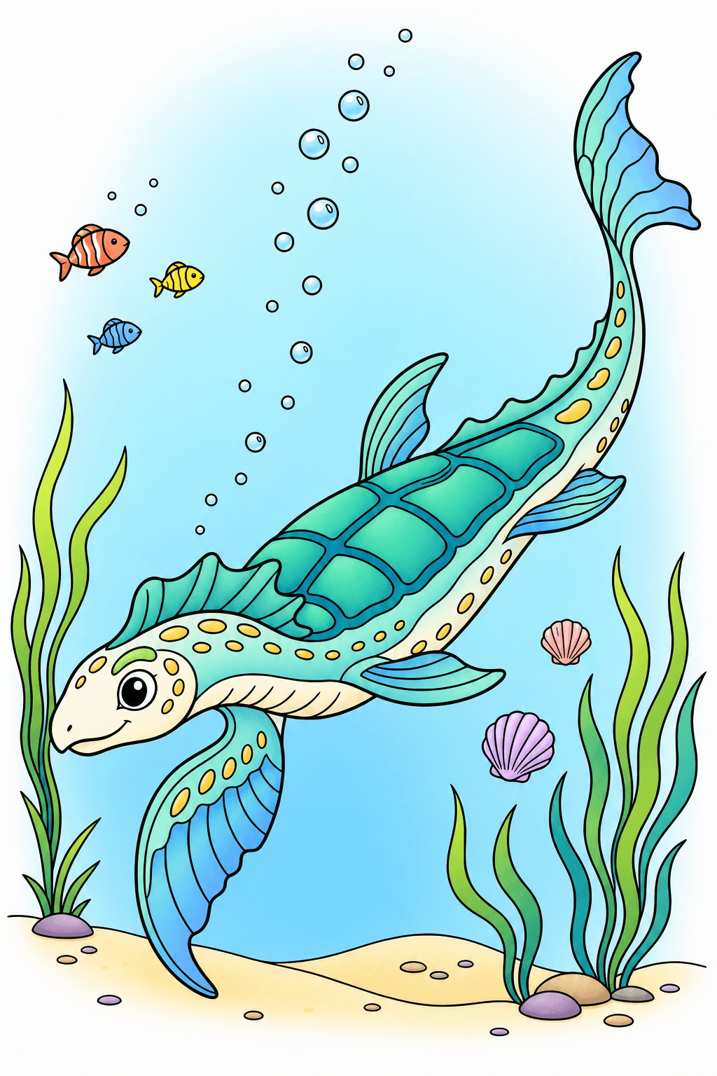 Sea Turtle Swimming Past Fish and Seashells clean-digital colorized preview