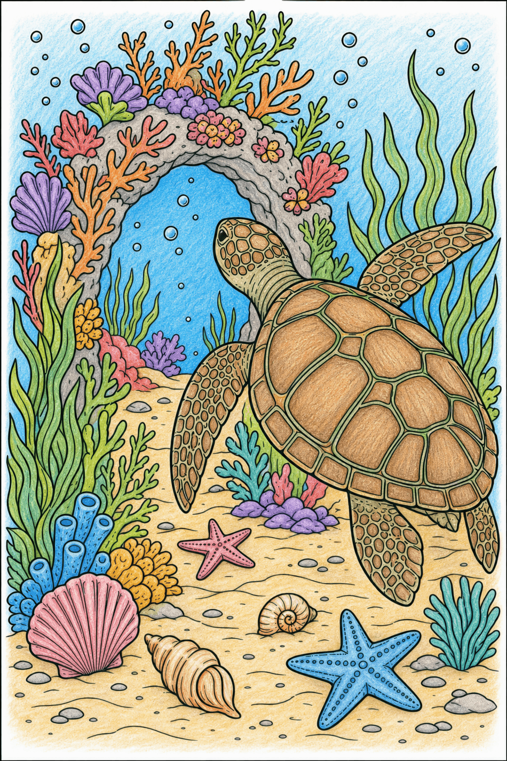 Sea Turtle Swimming Through a Coral Reef colored-pencil colorized preview