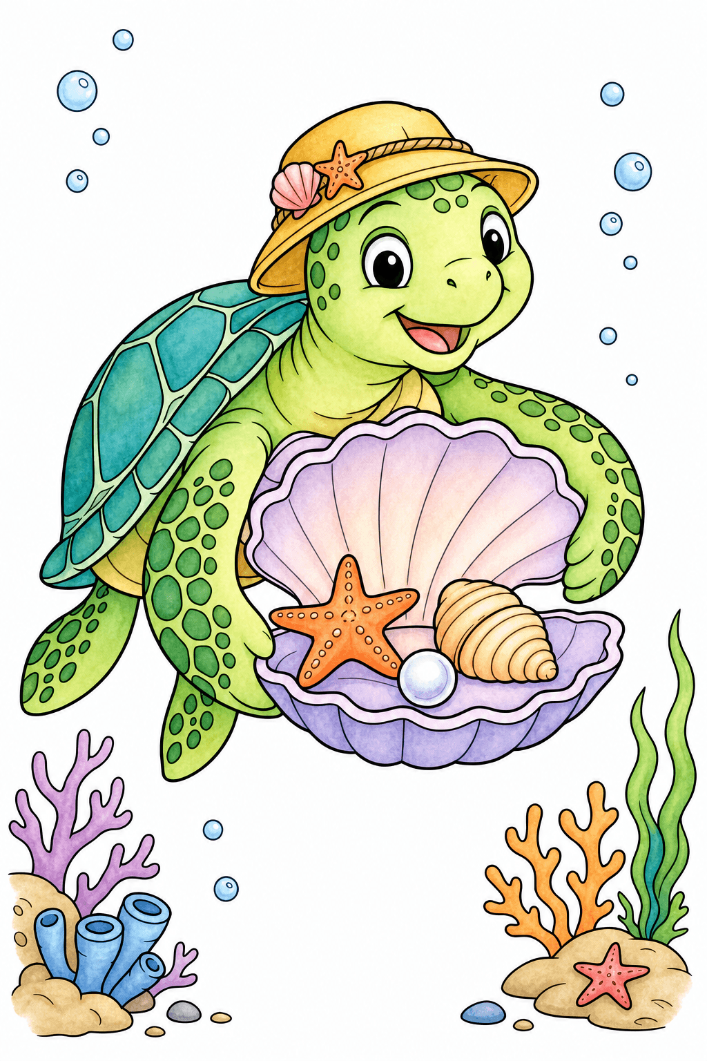 Sea Turtle Holding a Treasure-Filled Clam Shell watercolor colorized preview