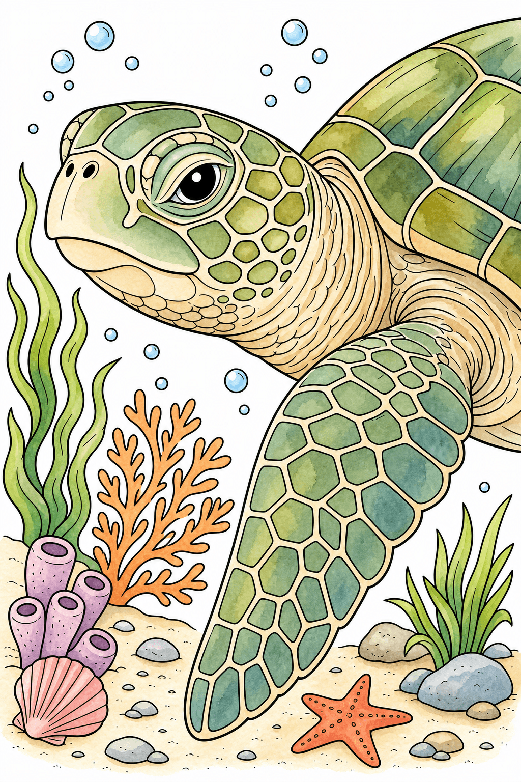 Close-Up Sea Turtle in an Underwater Reef watercolor colorized preview