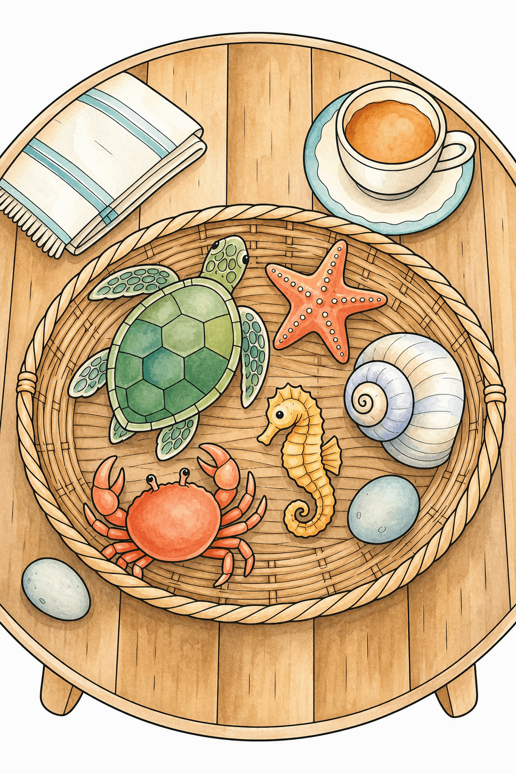 Woven Basket of Ocean Creatures on a Table watercolor colorized preview