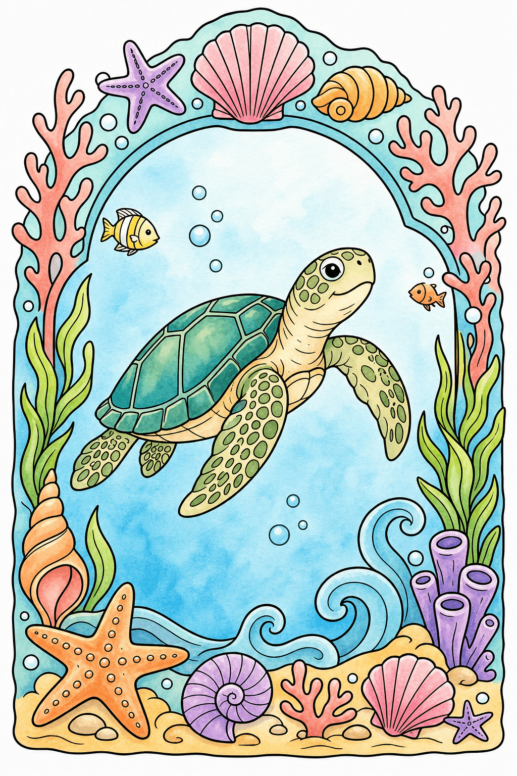 Sea Turtle Framed by Coral, Shells, and Waves watercolor colorized preview