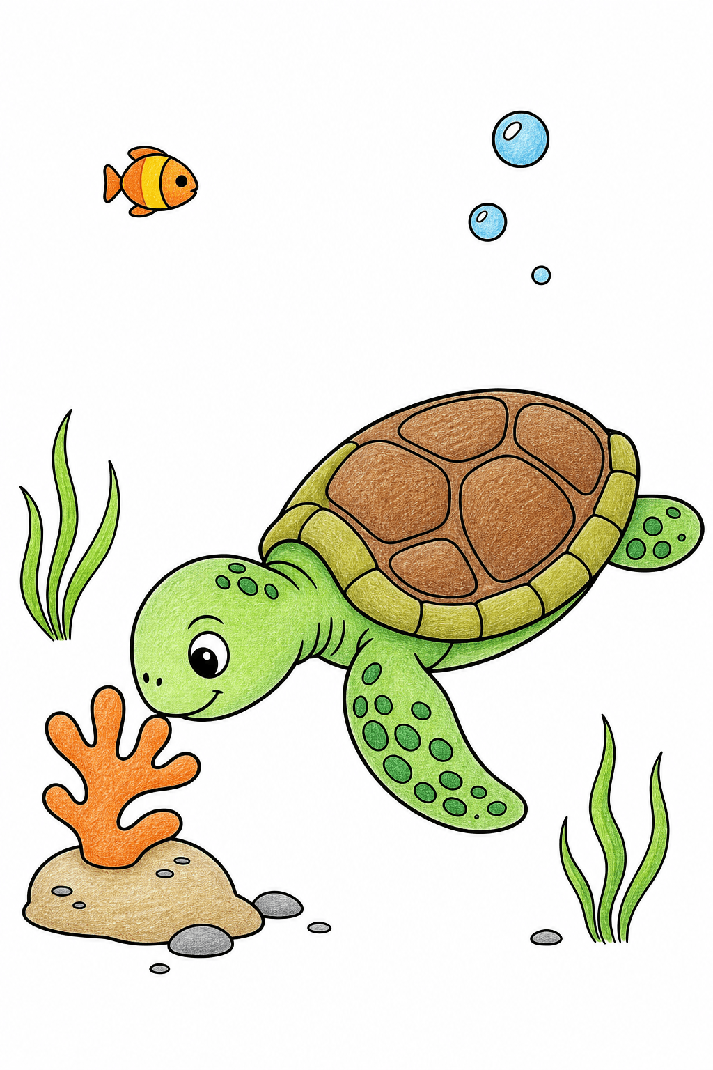 Sea Turtle Swimming Near Coral and a Small Fish colored-pencil colorized preview