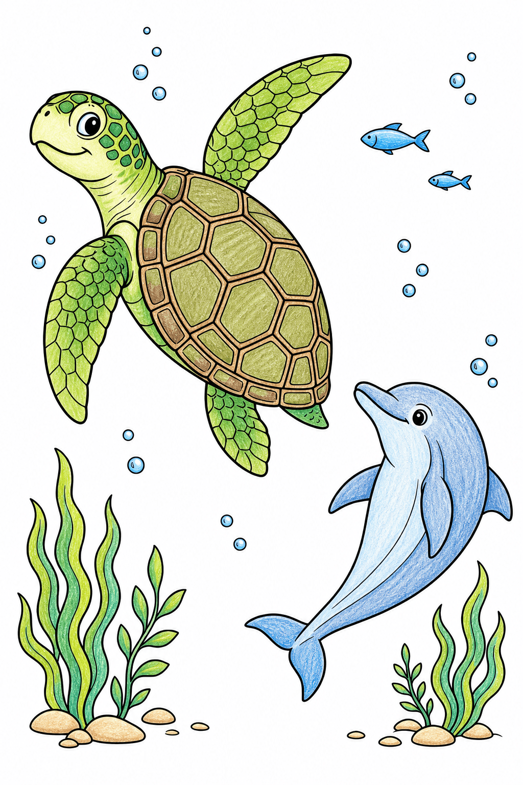 Sea Turtle Swimming with a Dolphin colored-pencil colorized preview