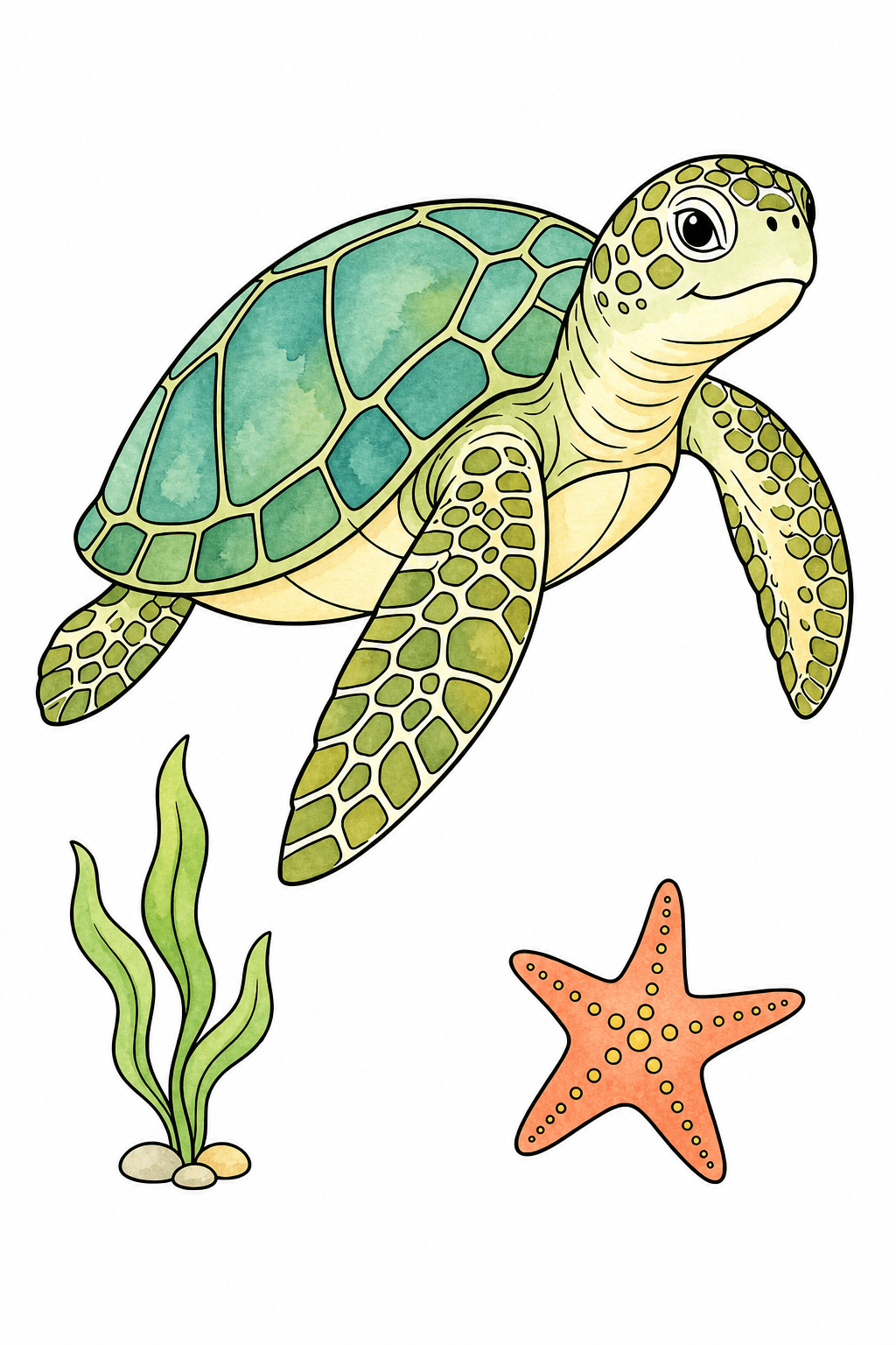 Swimming Sea Turtle with Seaweed and Starfish watercolor colorized preview