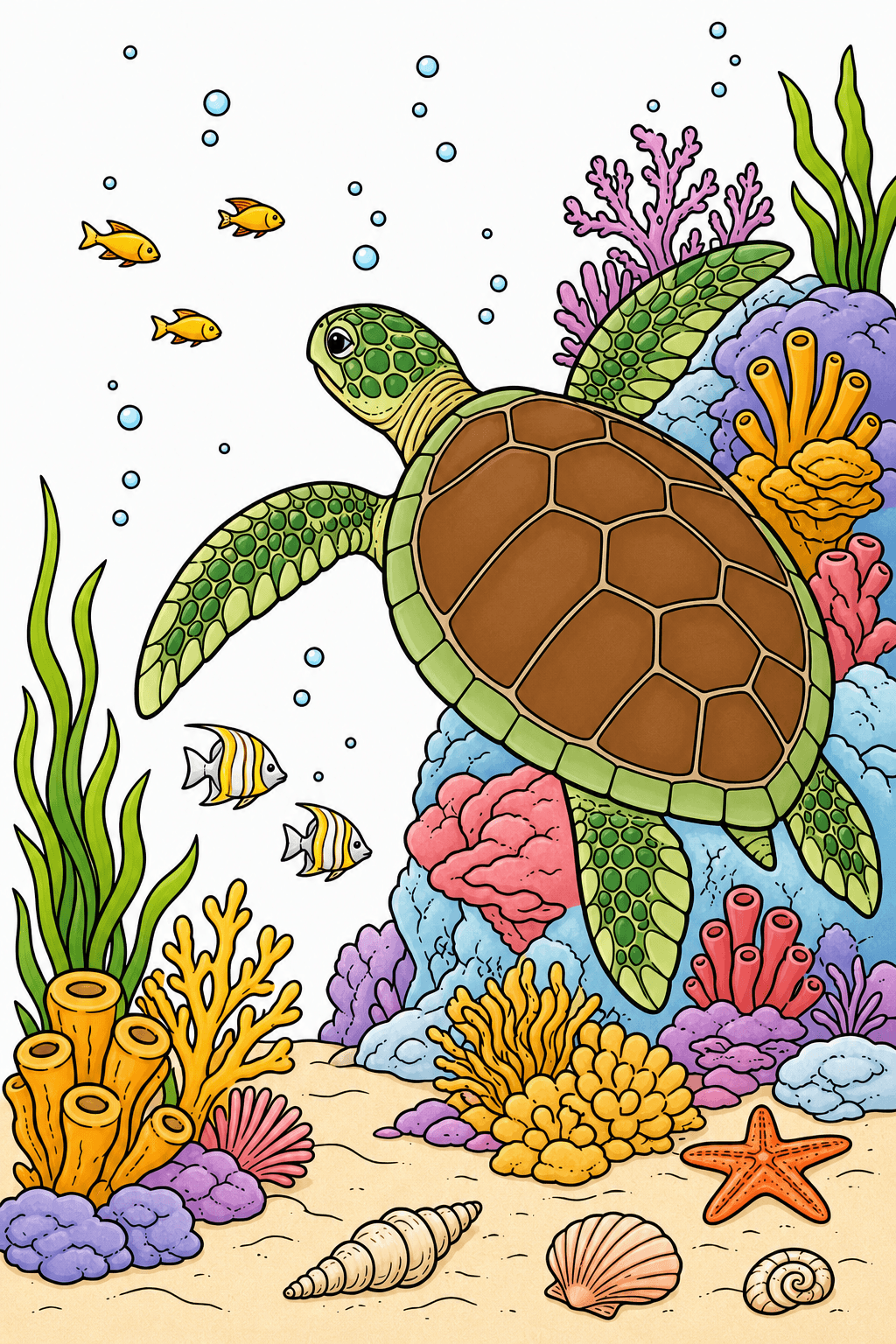 Sea Turtle Swimming Through a Coral Reef Garden clean-digital colorized preview