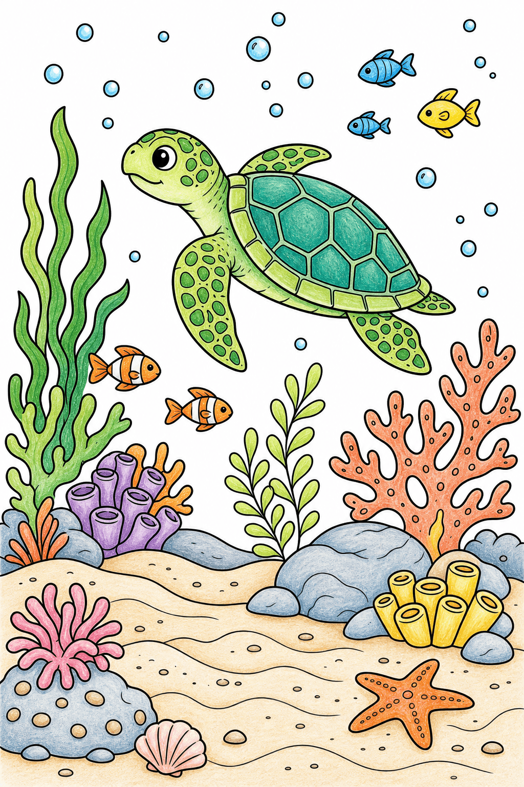 Sea Turtle Swimming Through a Coral Reef colored-pencil colorized preview