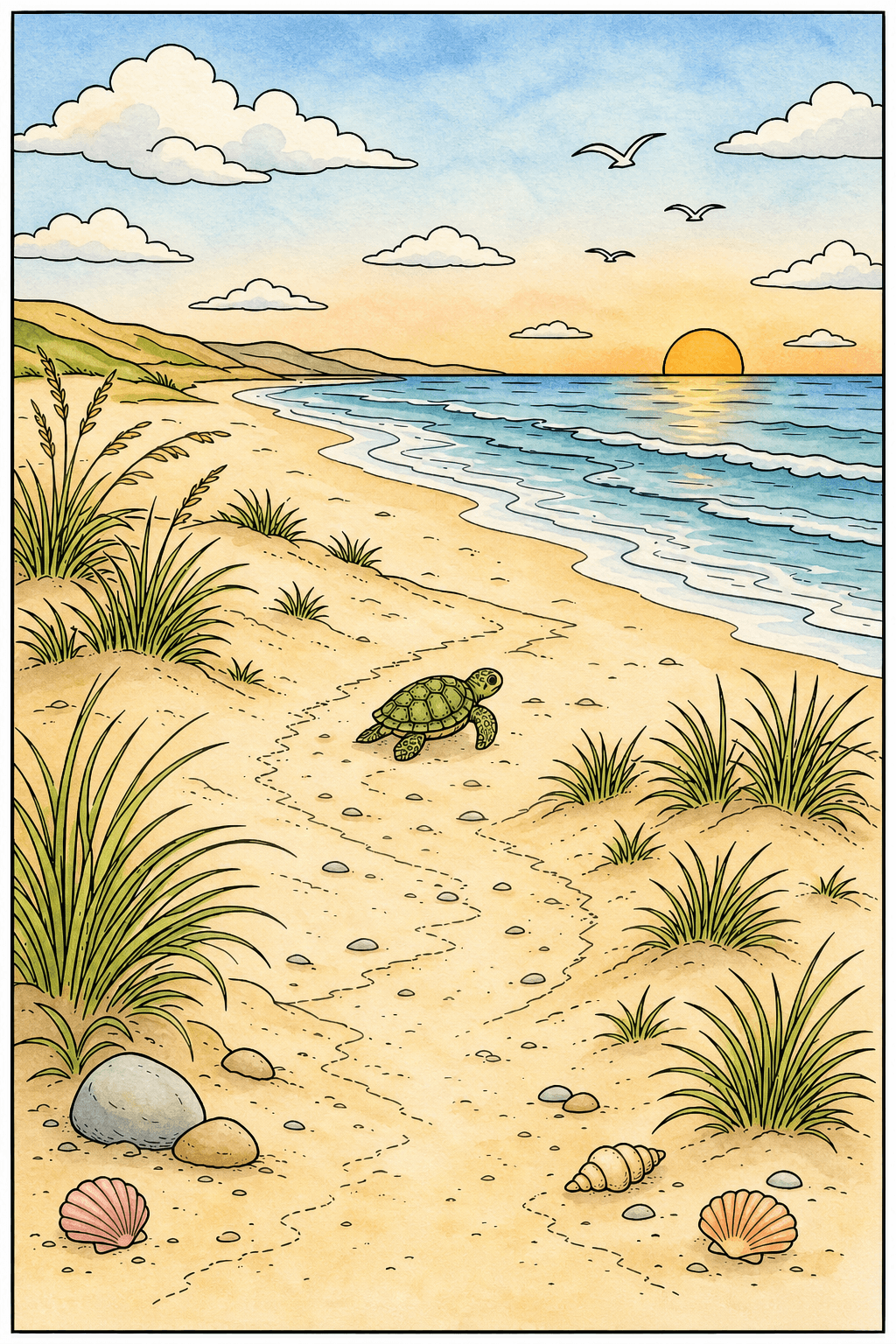 Sea Turtle Following a Sandy Path to the Ocean watercolor colorized preview