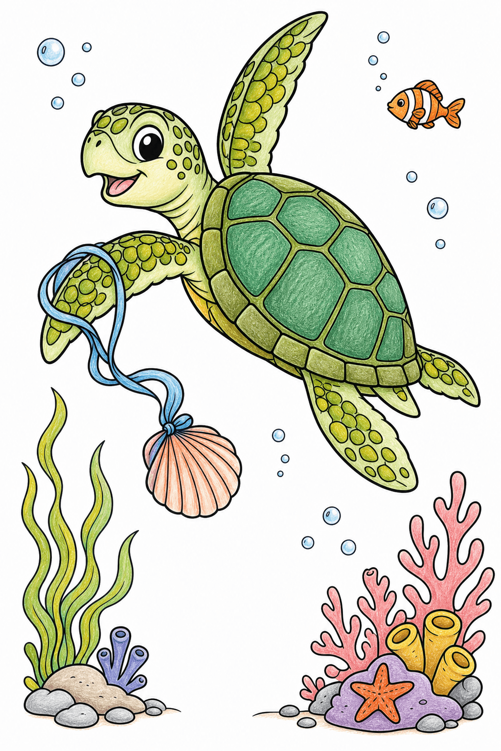 Smiling Sea Turtle Carrying a Scallop Shell colored-pencil colorized preview