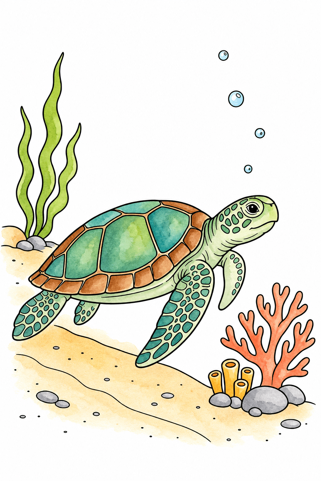 Sea Turtle Gliding Past Coral watercolor colorized preview