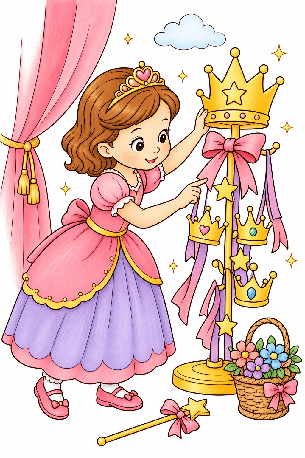 Princess Decorating a Royal Crown Stand storybook colorized preview
