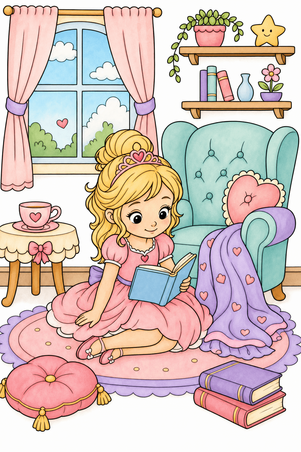 Princess Reading in a Cozy Room storybook colorized preview