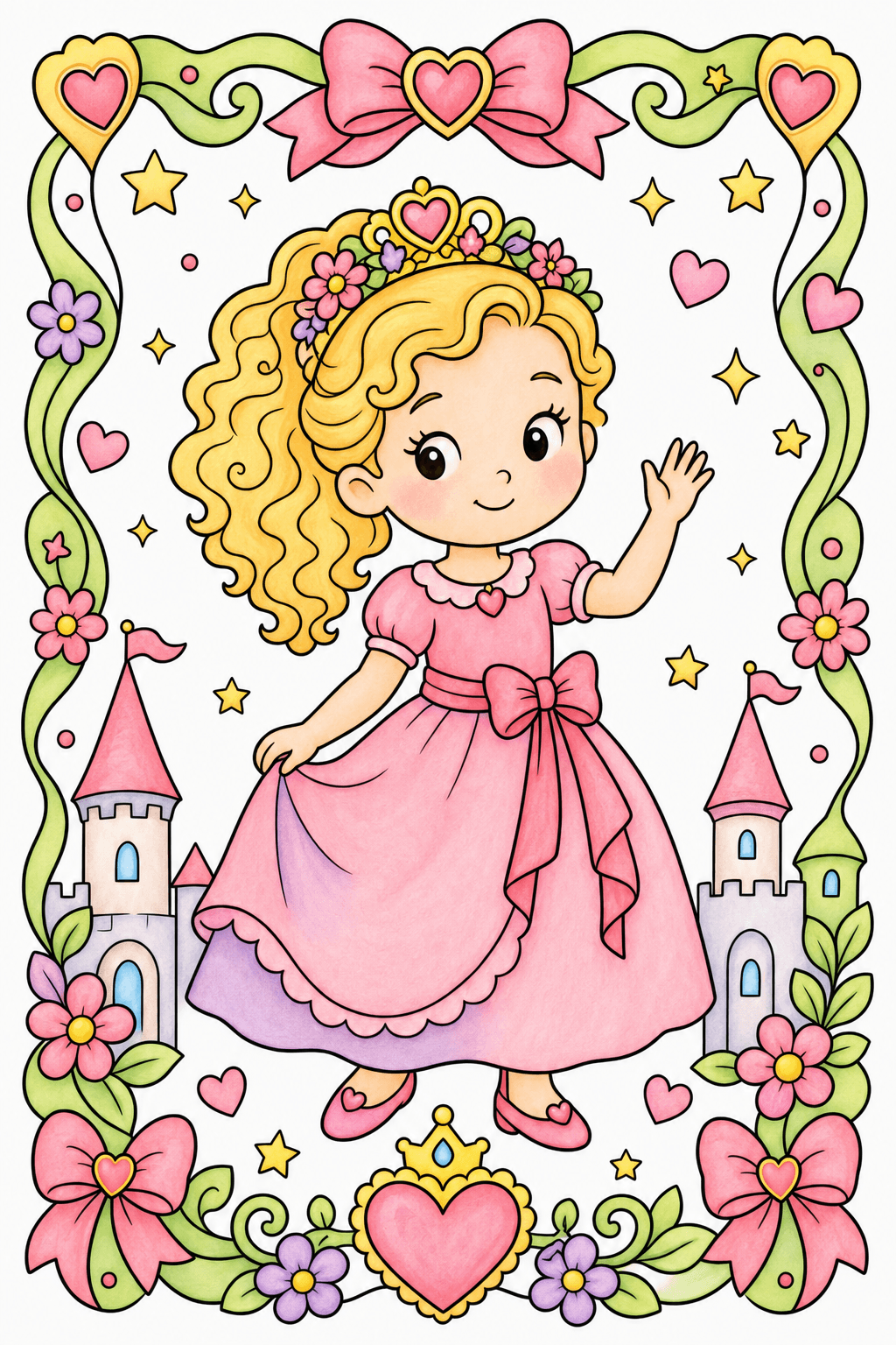 Waving Princess in a Decorative Fairytale Frame storybook colorized preview