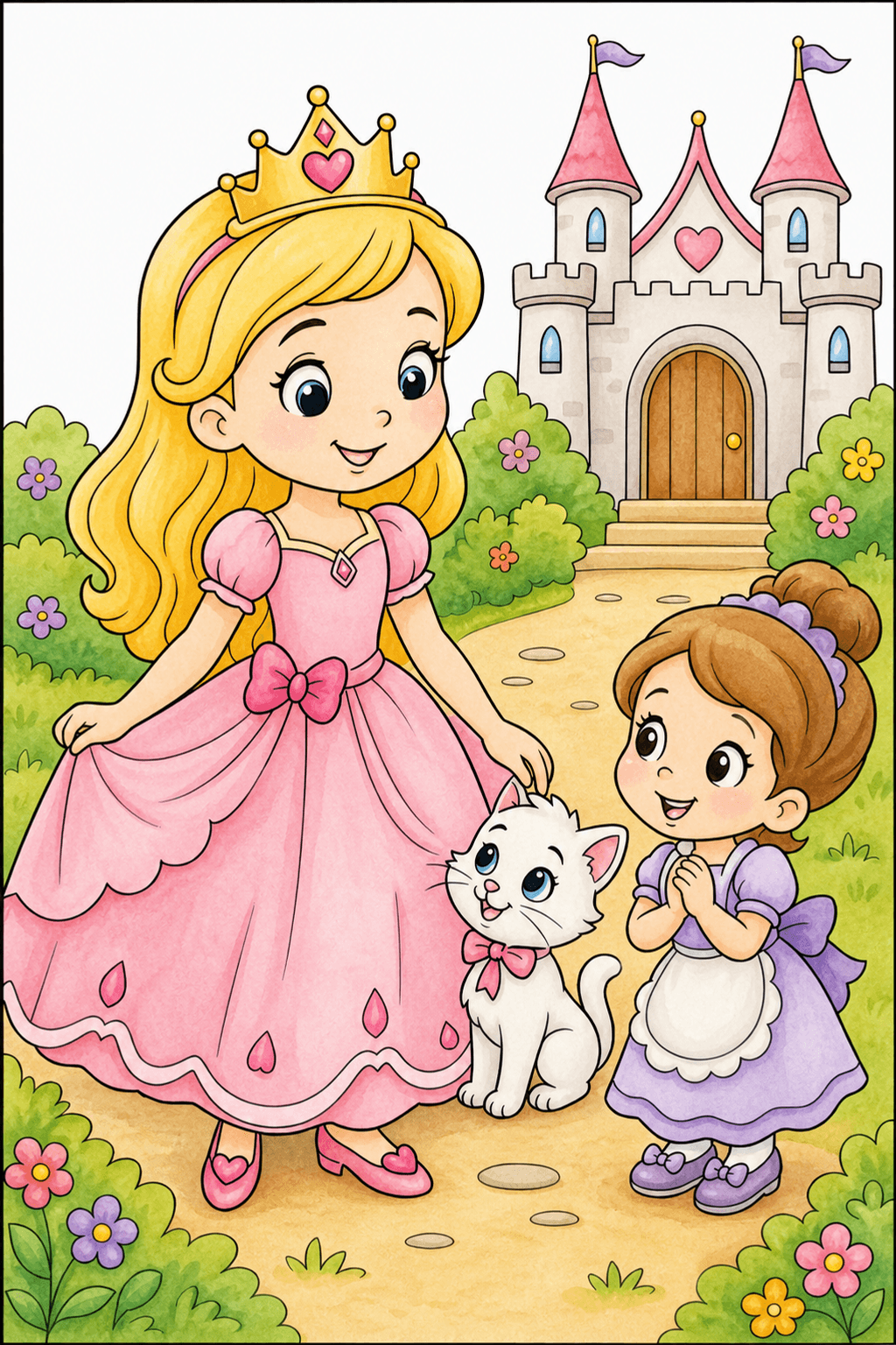 Princess with a Girl and Cat by the Castle watercolor colorized preview