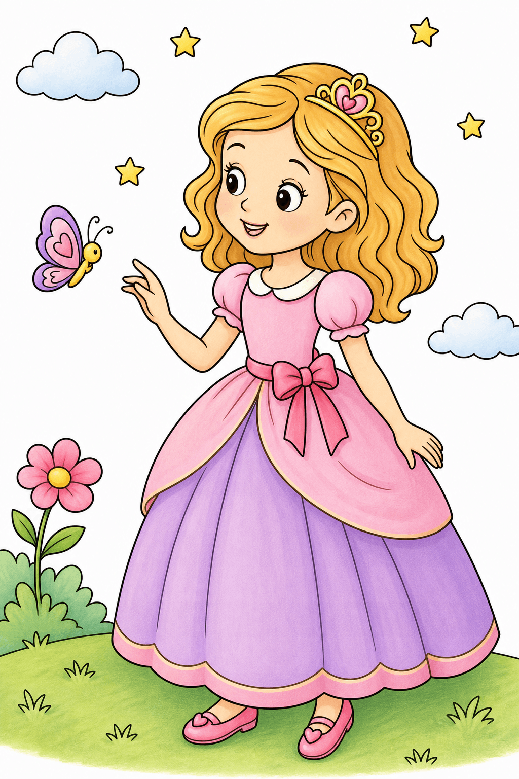 Smiling Princess Watching a Butterfly storybook colorized preview