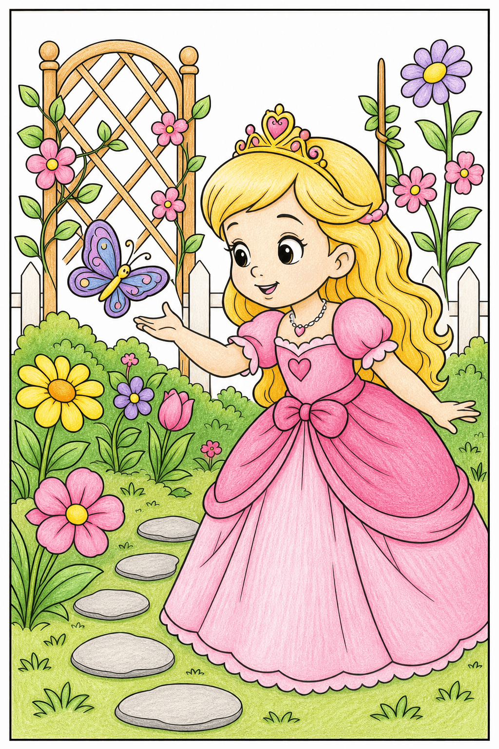 Princess Reaching for a Garden Butterfly colored-pencil colorized preview