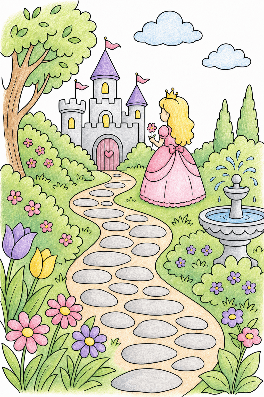 Princess in a Castle Garden Coloring Page colored-pencil colorized preview