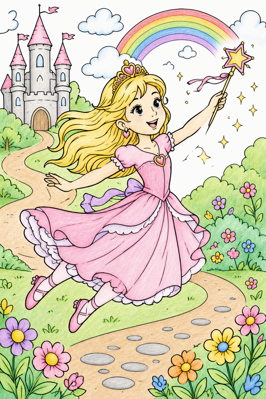 Princess Twirling with a Star Wand colored-pencil colorized preview